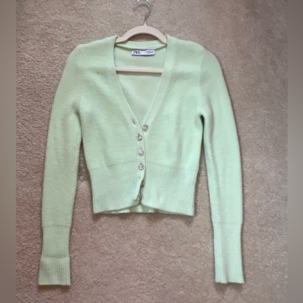 Zara, Light Green Jeweled V-Neck Cardigan, Size Small